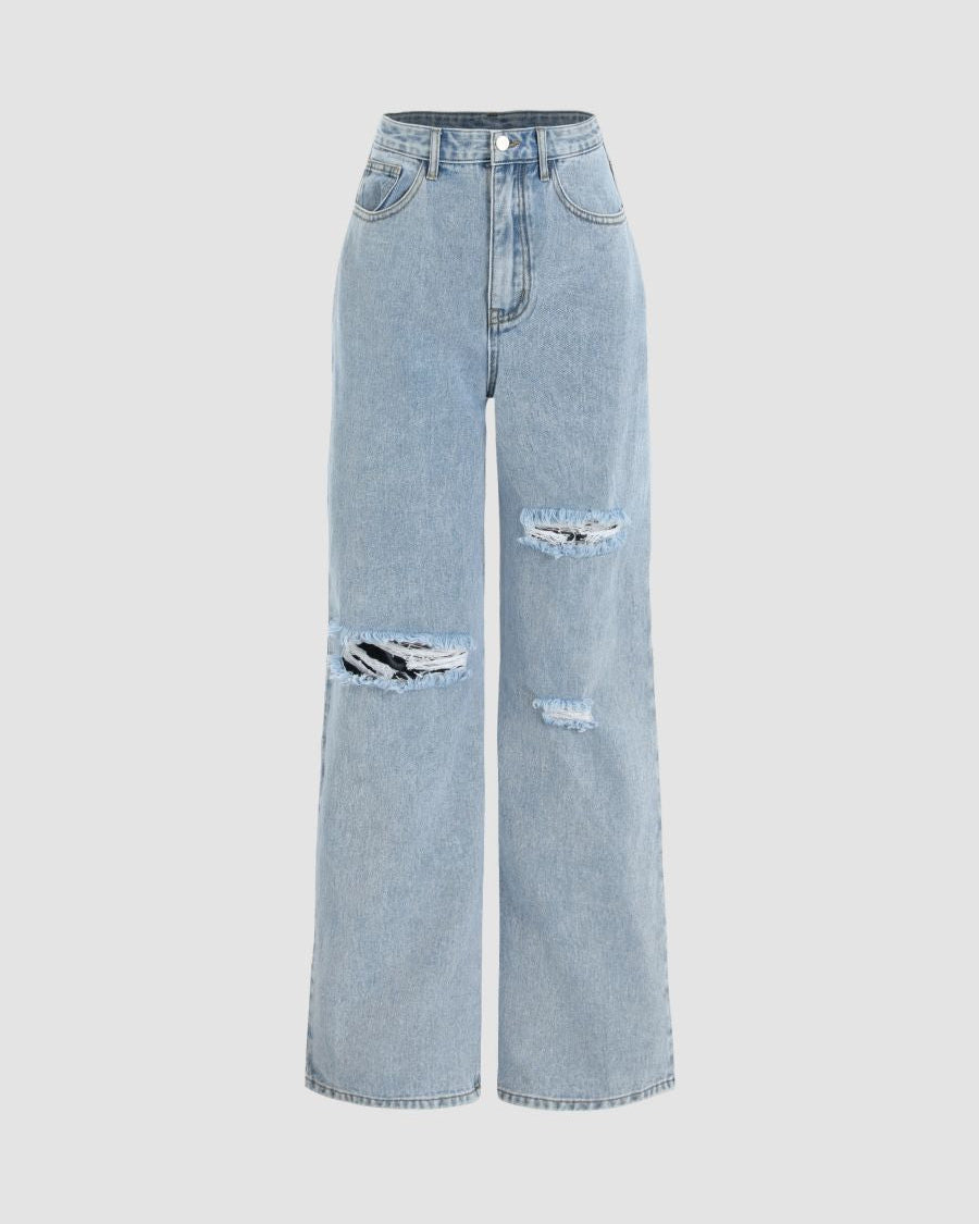 High-Waisted Distressed Wide-Leg Denim Jeans with Relaxed Fit
