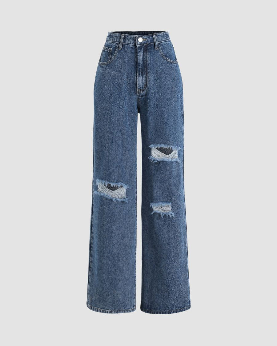 High-Waisted Distressed Wide-Leg Denim Jeans with Relaxed Fit