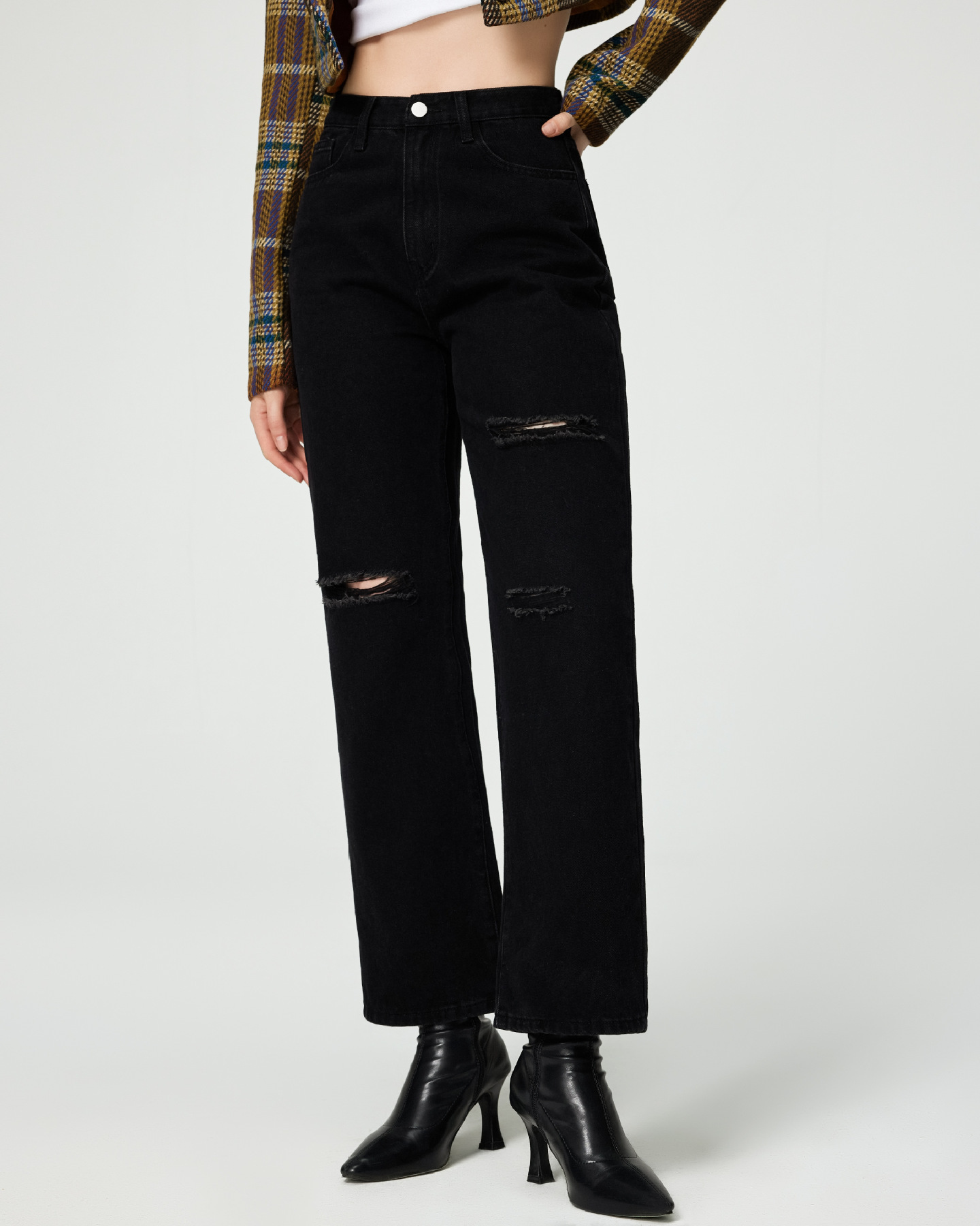 High-Waisted Distressed Wide-Leg Denim Jeans with Relaxed Fit