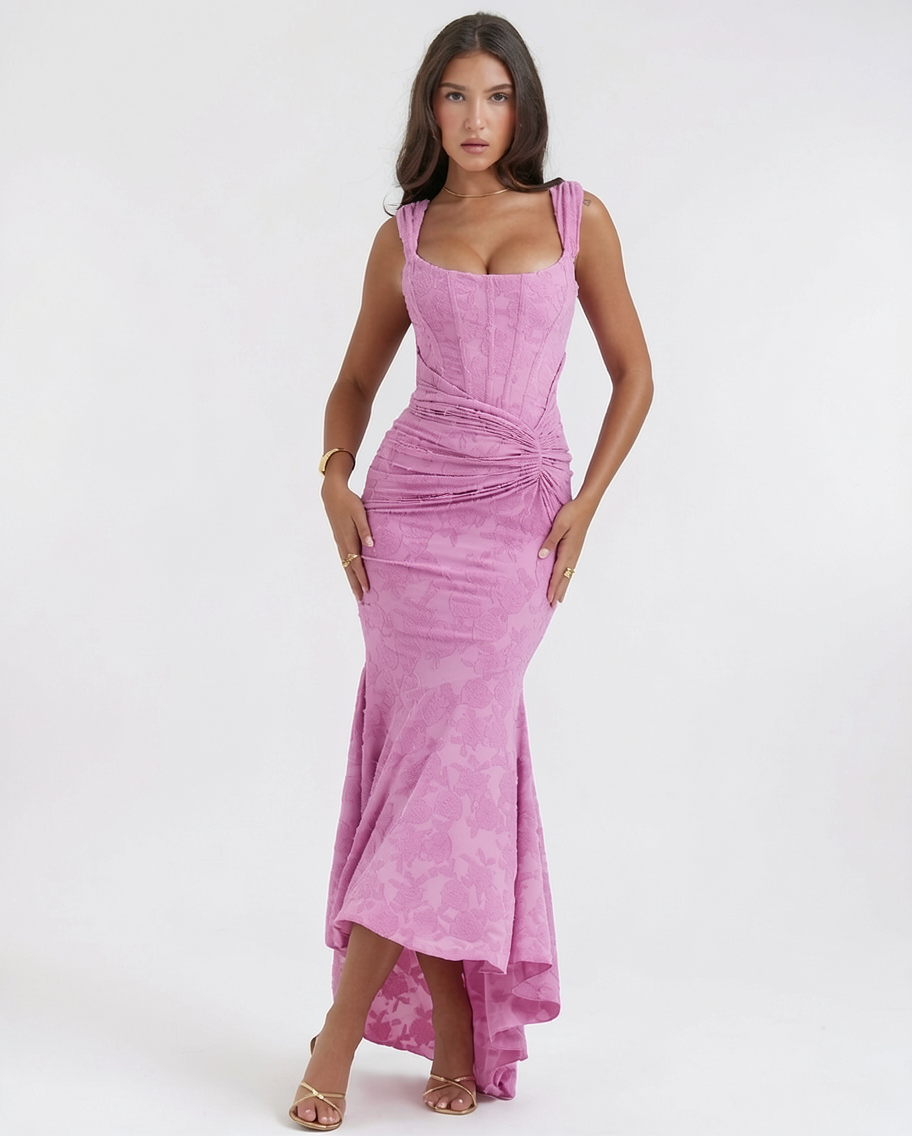 Floral Devore Corset Mermaid Evening Maxi Dress