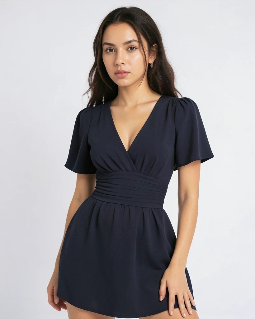 Elegant Gathered Waist Dress with V-Neckline