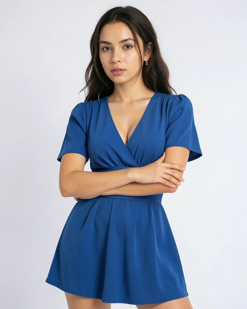 Elegant Gathered Waist Dress with V-Neckline