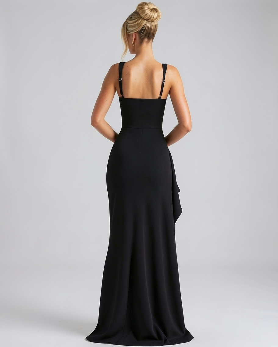 Square Neck Sculptural Stretch Crepe Formal Evening Maxi Dress