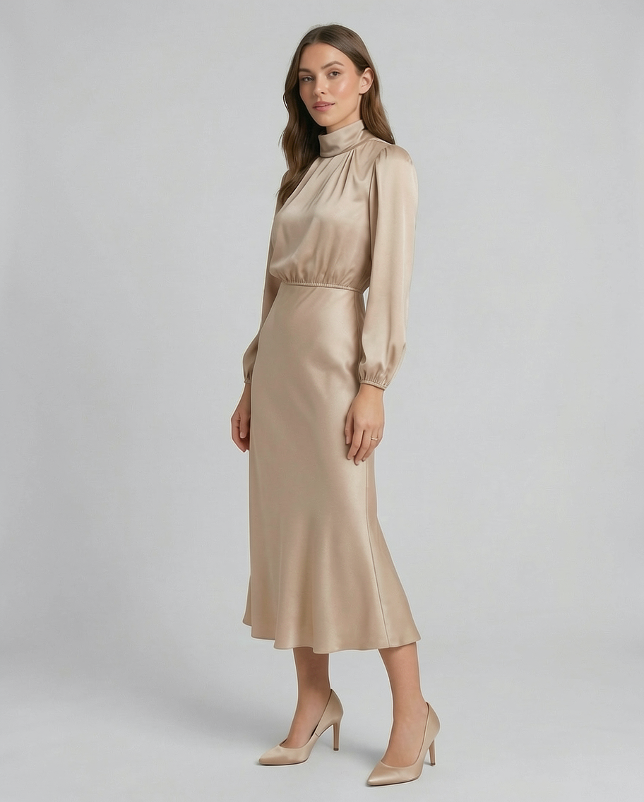 Blouson Fit Elastic Waist Silk Satin Formal Midi Dress