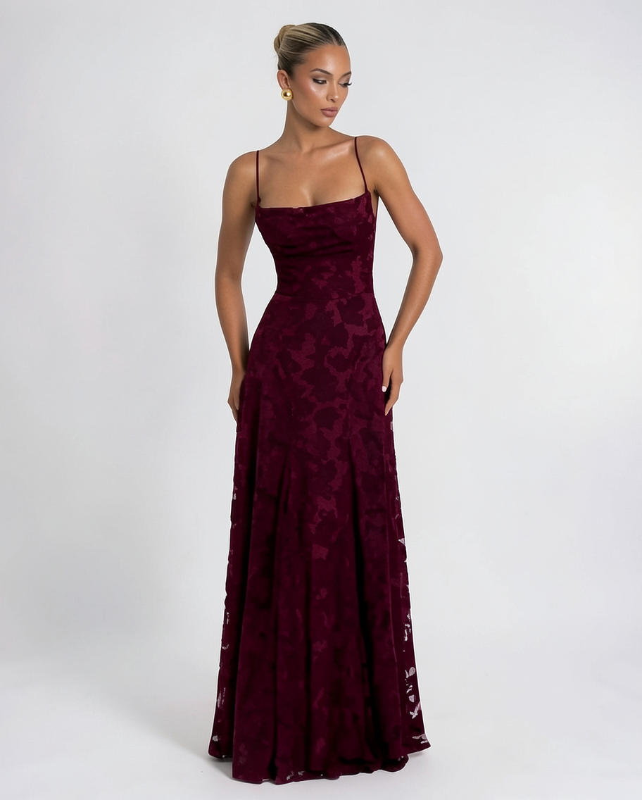 Embossed Burnout A-Line Formal Evening Maxi Dress