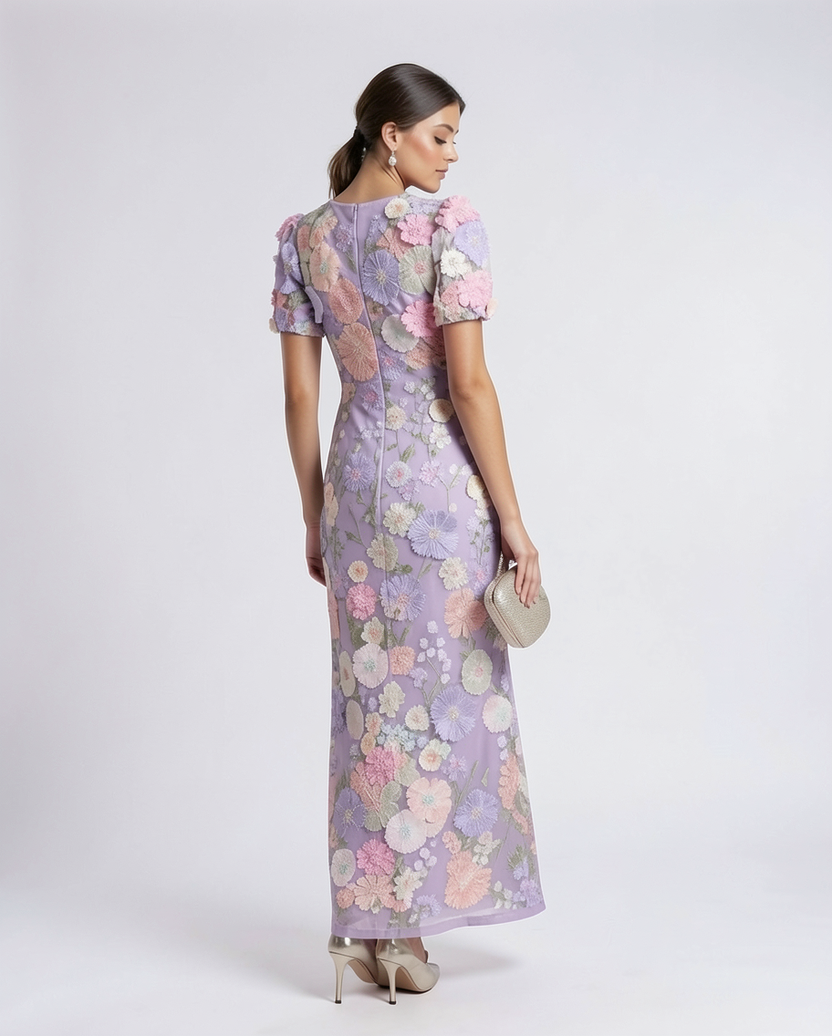 Embroidered Floral Tulle Mermaid Formal Maxi Dress