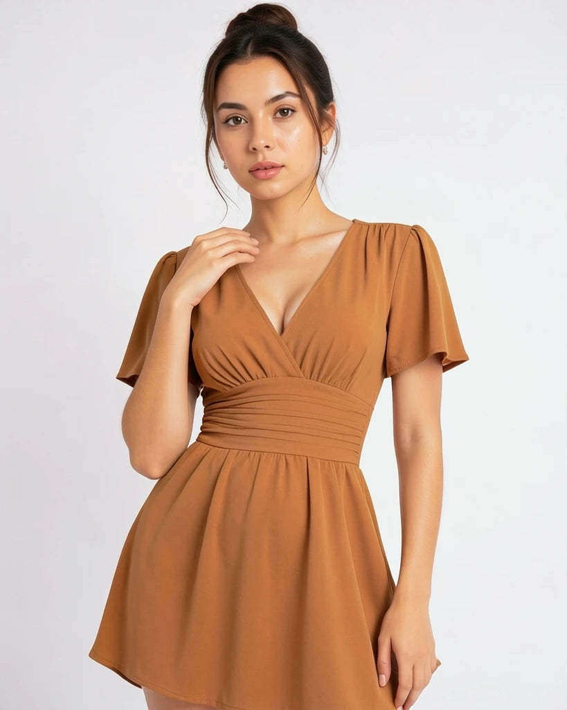 Elegant Gathered Waist Dress with V-Neckline