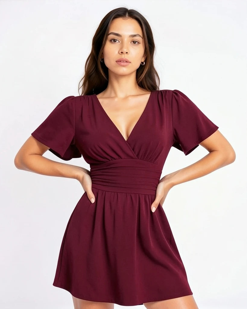 Elegant Gathered Waist Dress with V-Neckline