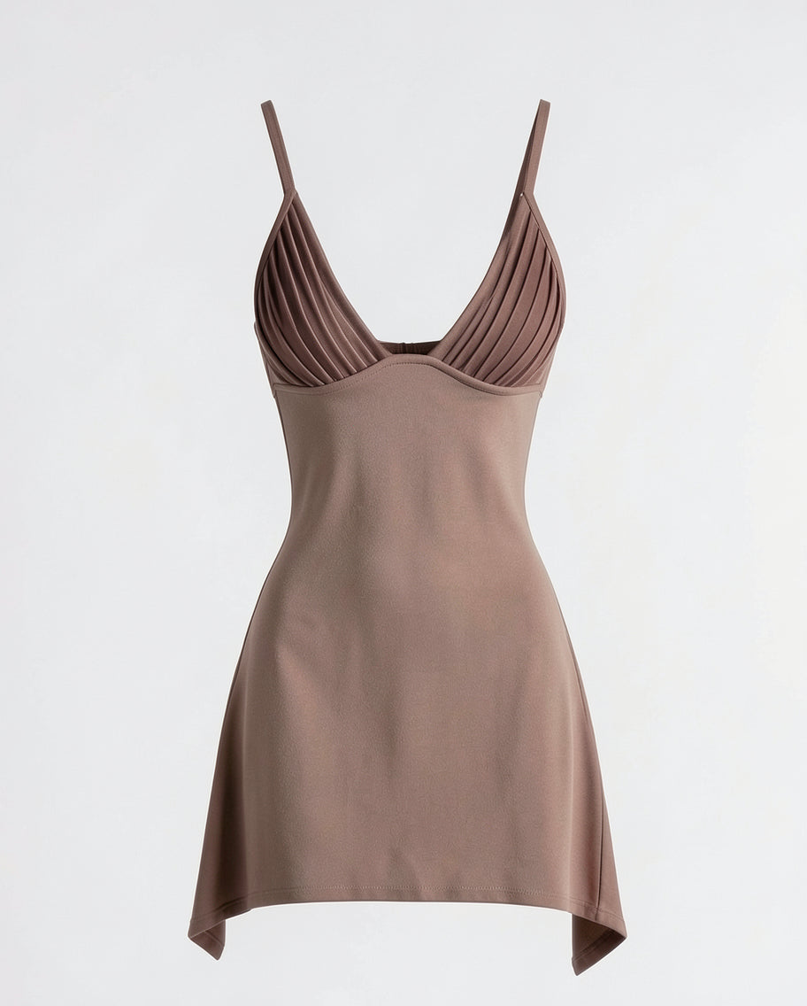 Pleated V-Neck Mini Dress