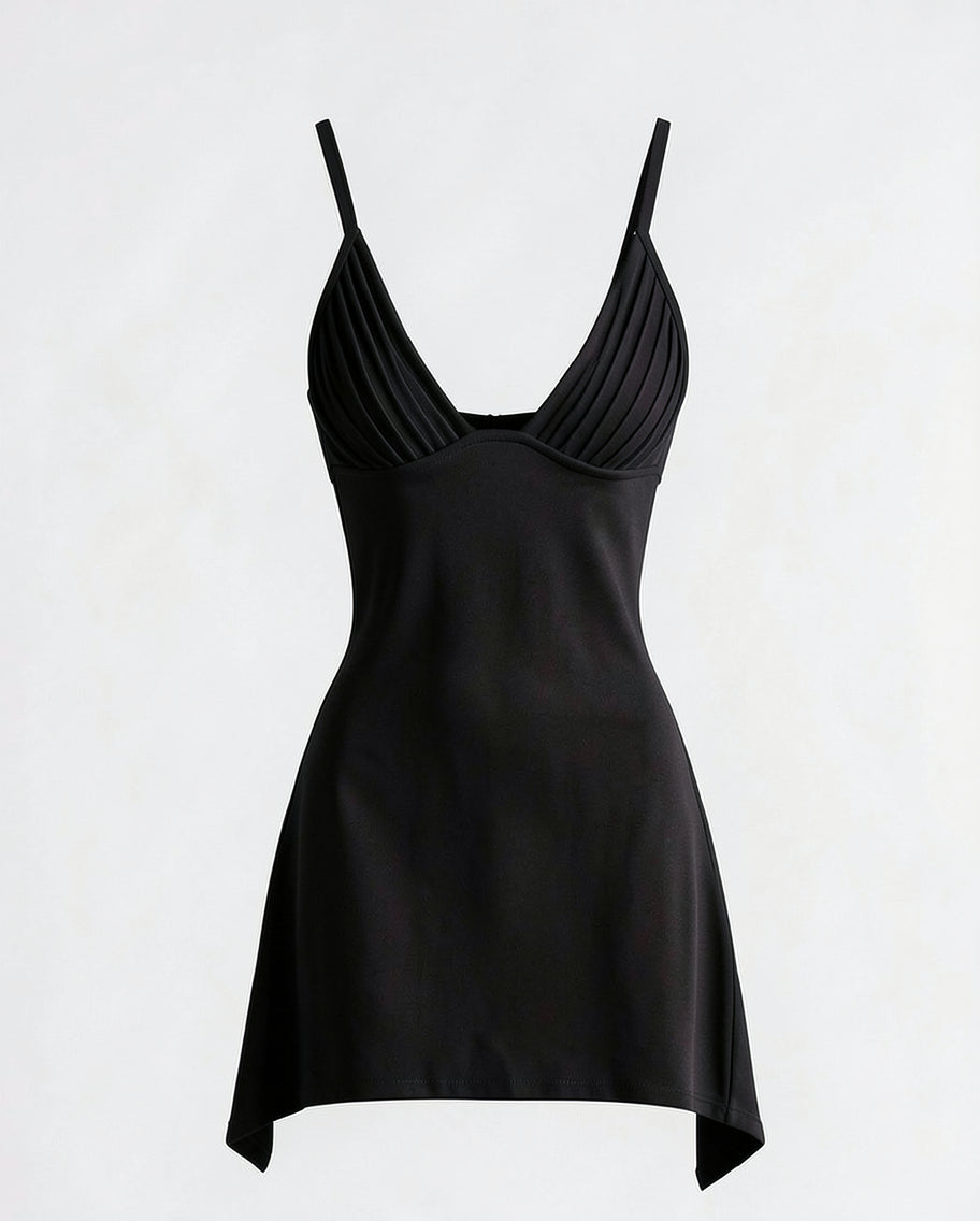Pleated V-Neck Mini Dress