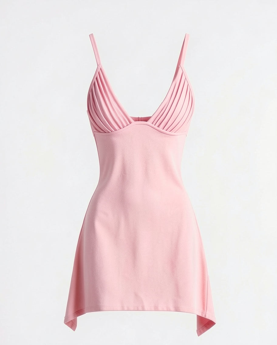 Pleated V-Neck Mini Dress