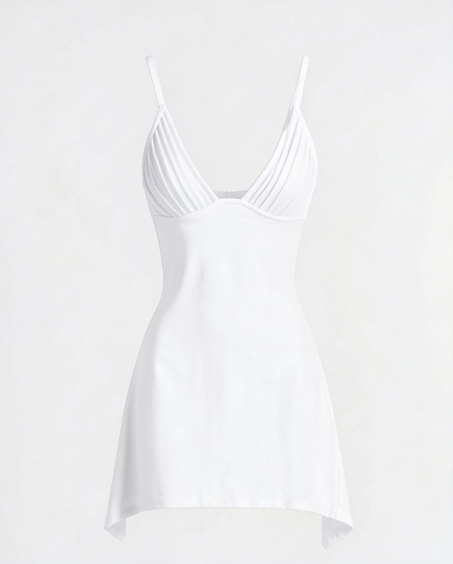 Pleated V-Neck Mini Dress