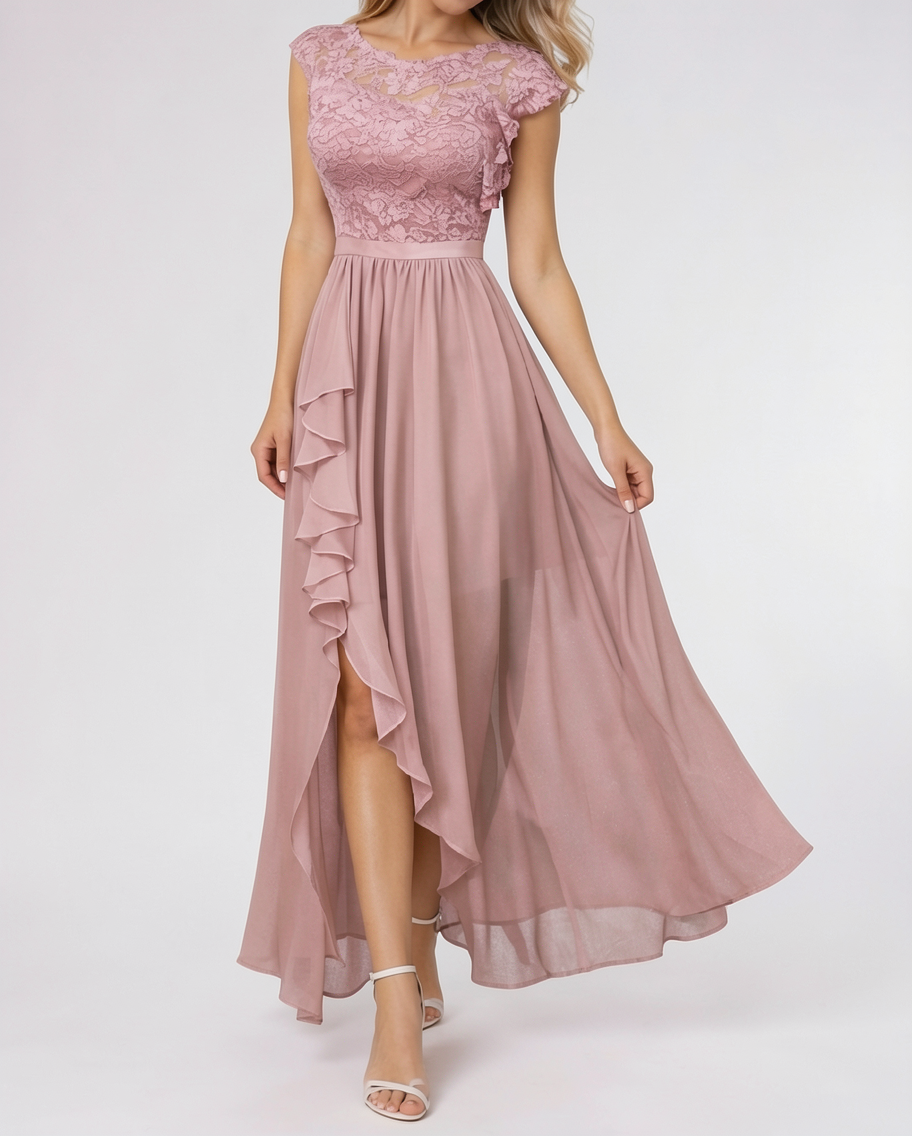 Lace Bodice High-Low Chiffon Evening Maxi Dress