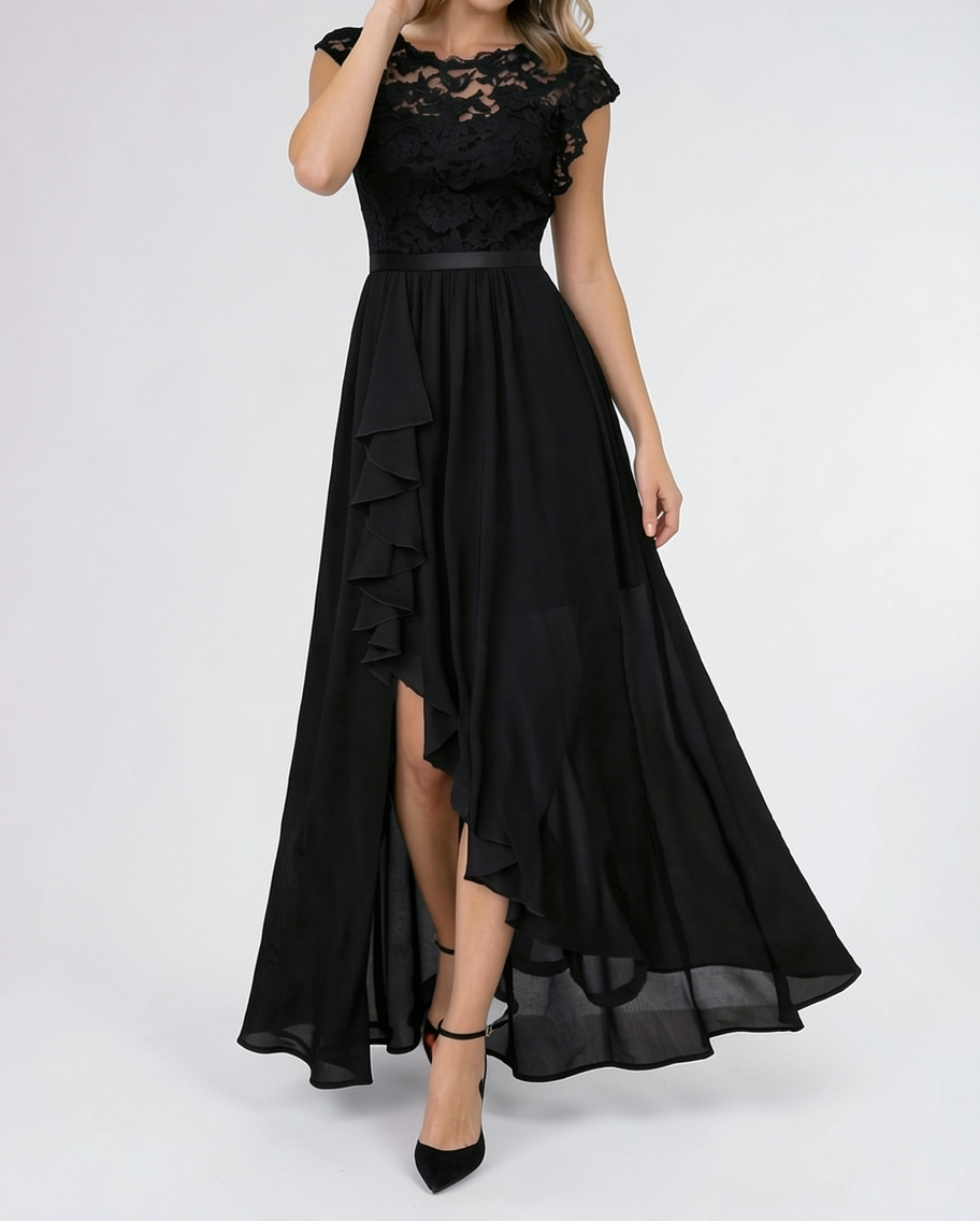 Lace Bodice High-Low Chiffon Evening Maxi Dress