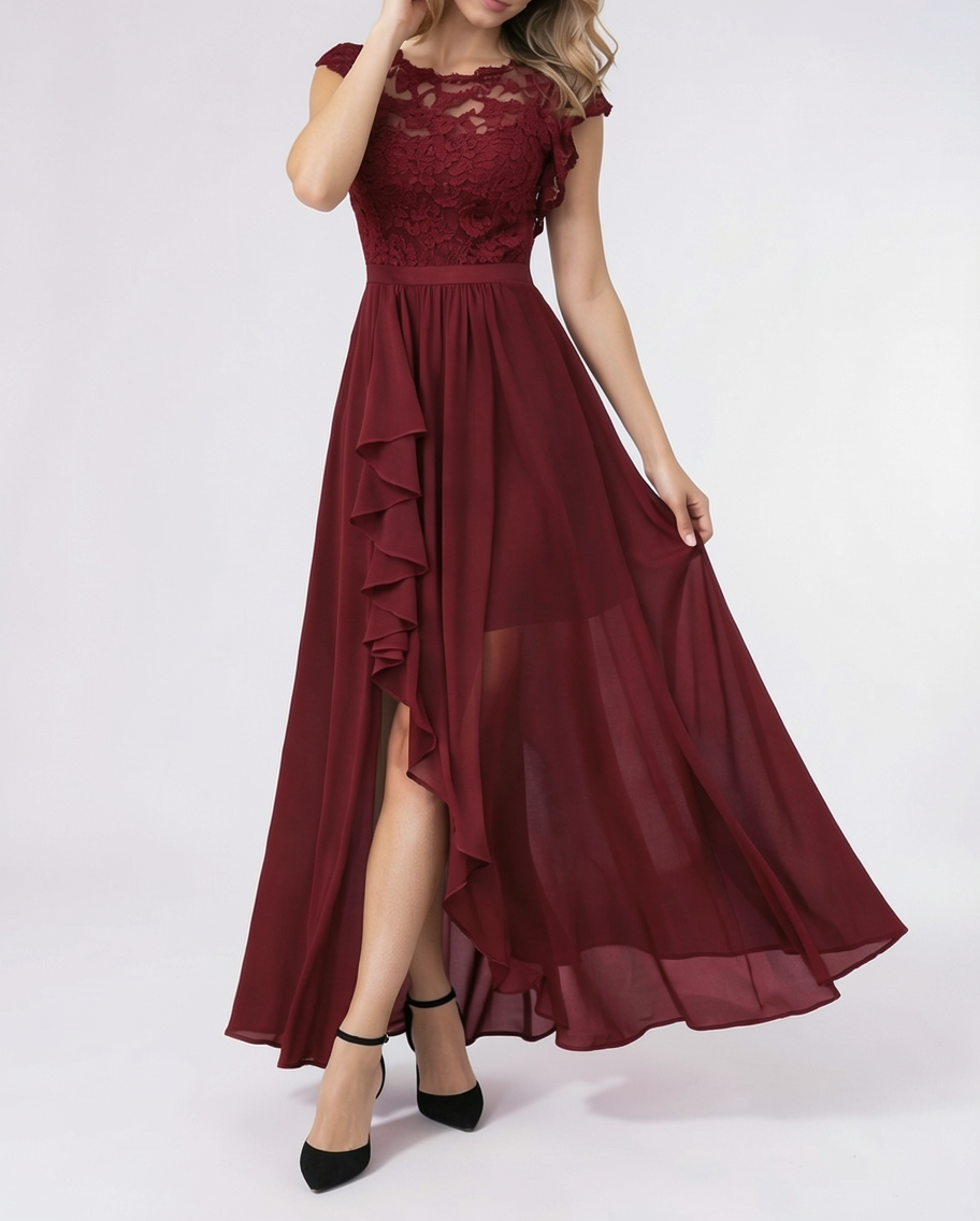 Lace Bodice High-Low Chiffon Evening Maxi Dress