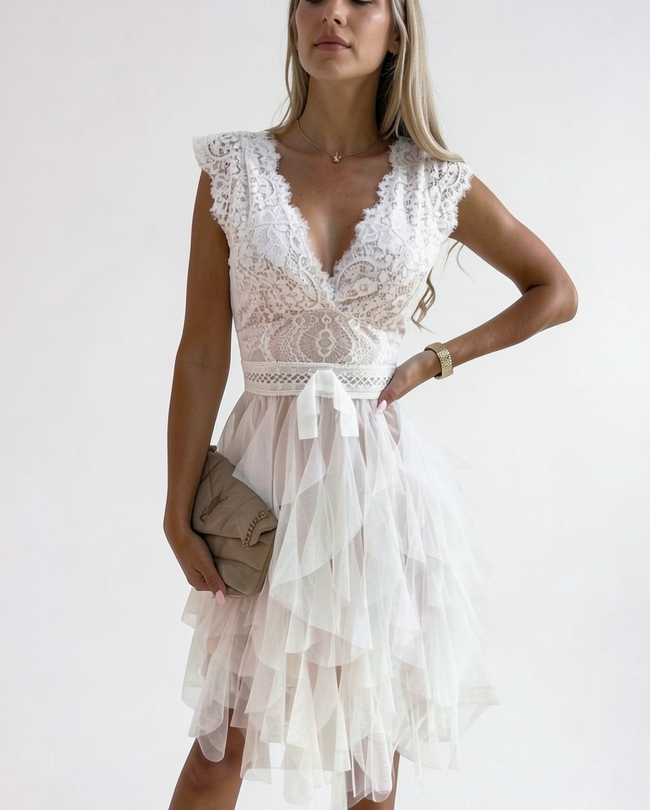 Lace V-Neck Bodycon Tulle Cocktail Mini Dress