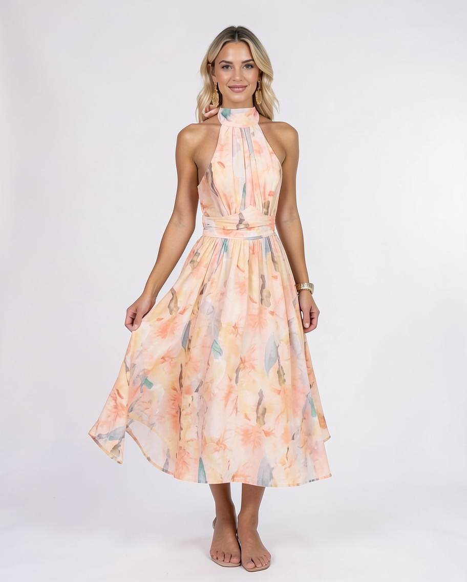 Fluid Georgette Halter Summer Resort Maxi Dress
