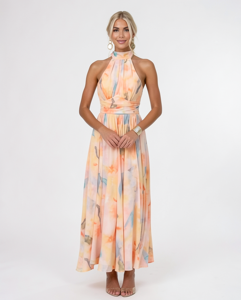 Fluid Georgette Halter Summer Resort Maxi Dress