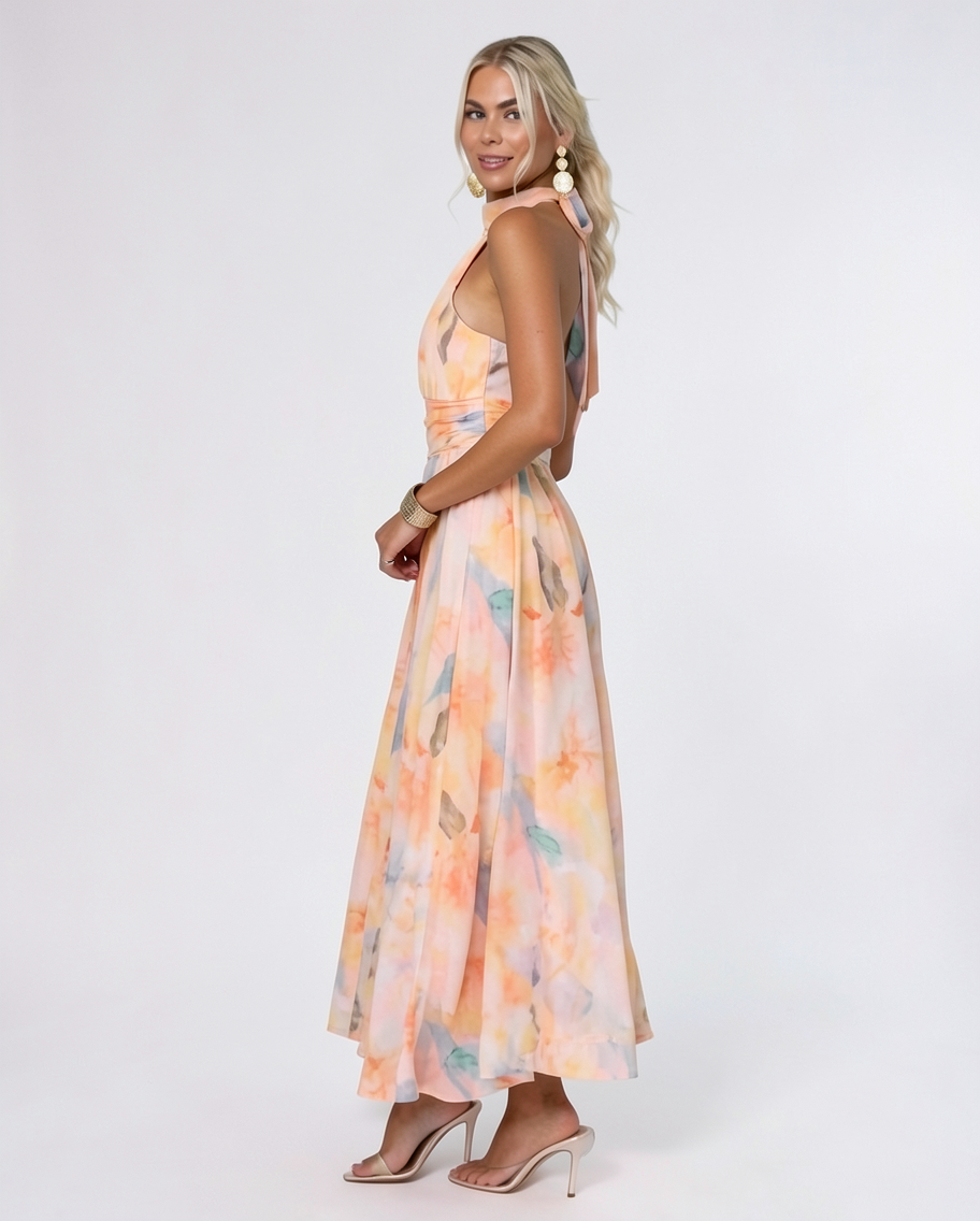 Fluid Georgette Halter Summer Resort Maxi Dress