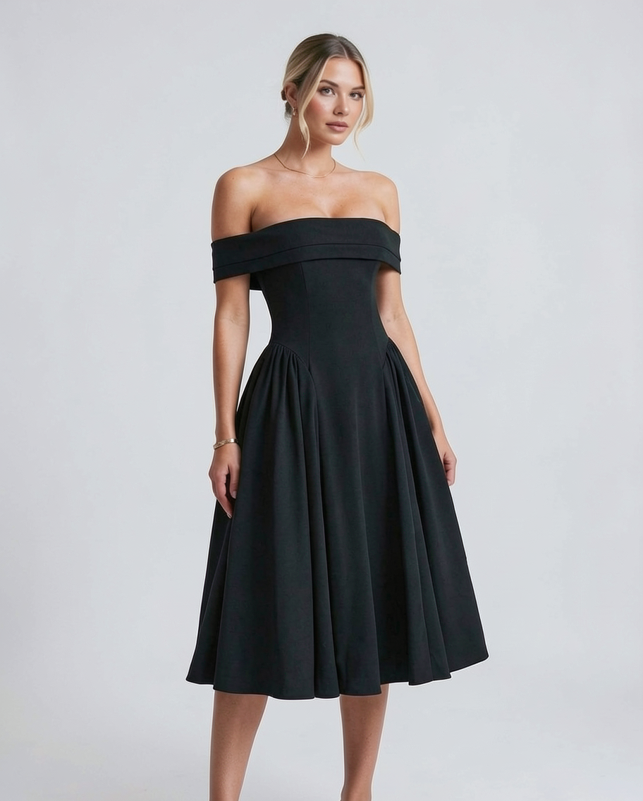 Off-Shoulder Stretch Crepe A-Line Formal Midi Dress