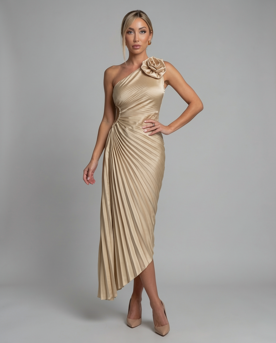 One-Shoulder Pleated Satin Formal Evening Midi Dress