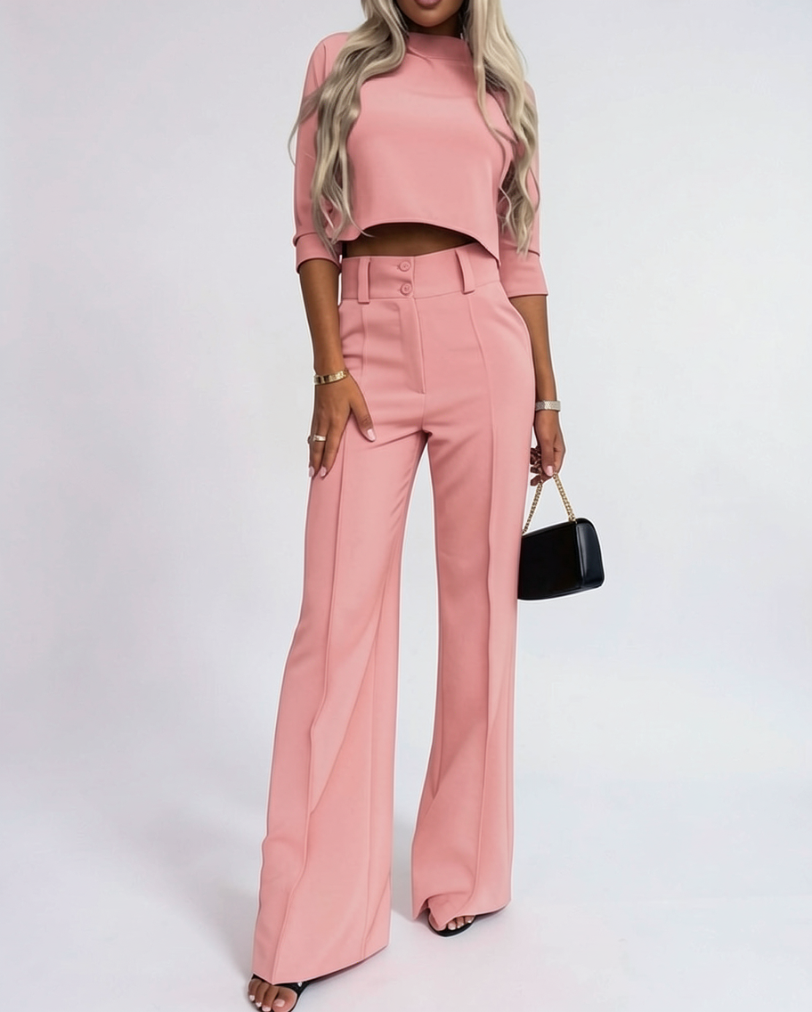 Women's Wide Leg Dress Pants & Cropped Top Two-Piece Set