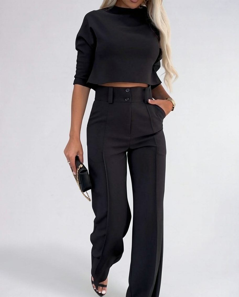 Women's Wide Leg Dress Pants & Cropped Top Two-Piece Set
