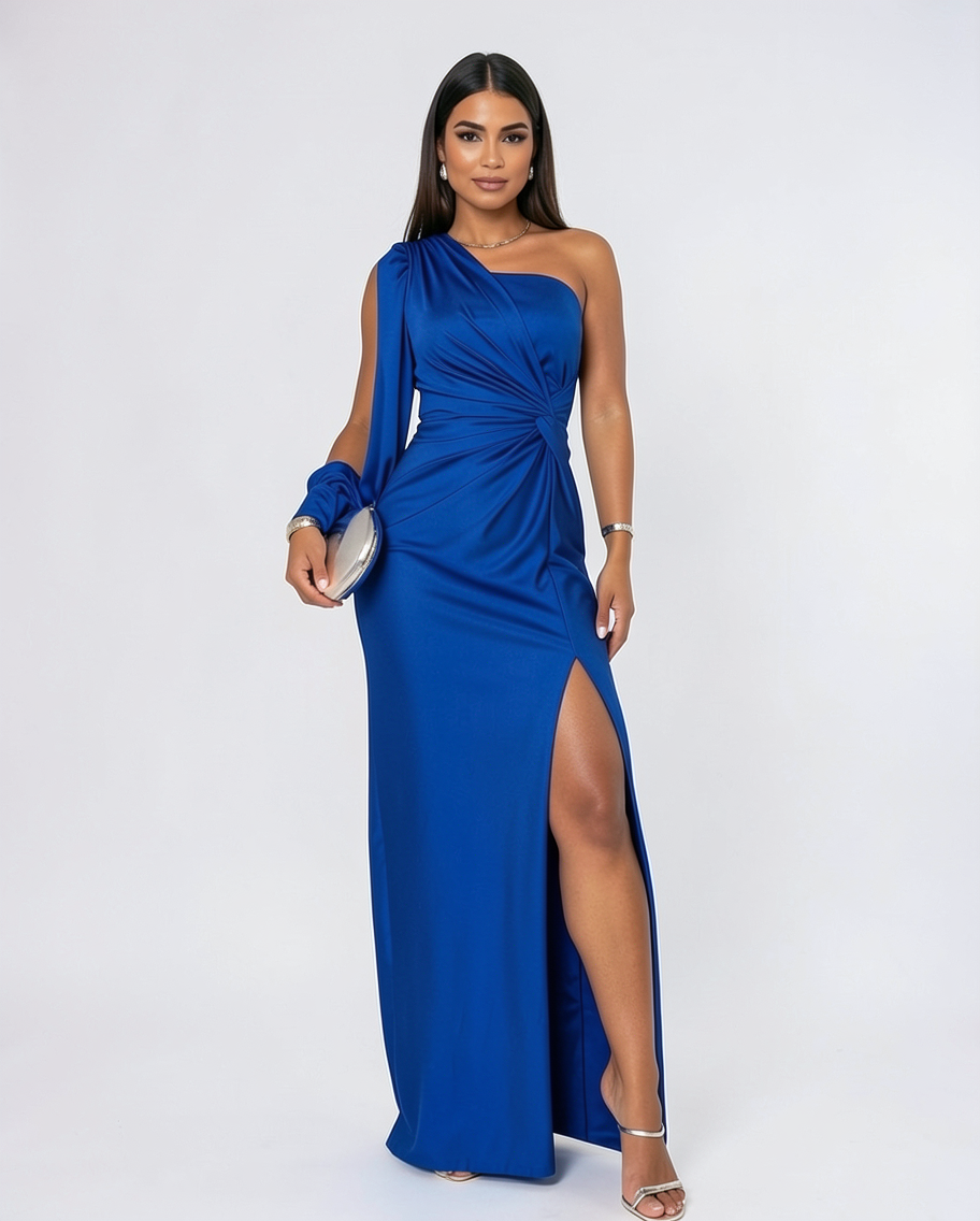 Satin Cape Sleeve One-Shoulder Formal Maxi Dress