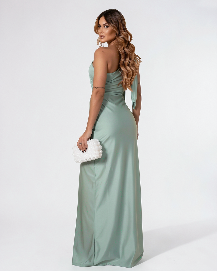 Satin Cape Sleeve One-Shoulder Formal Maxi Dress