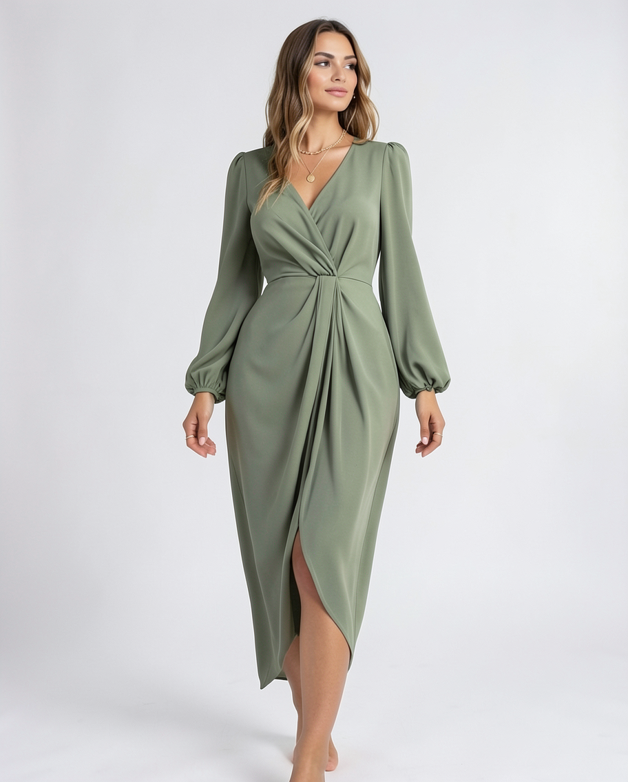 Satin V-Neck Twist Waist A-Line Evening Maxi Dress