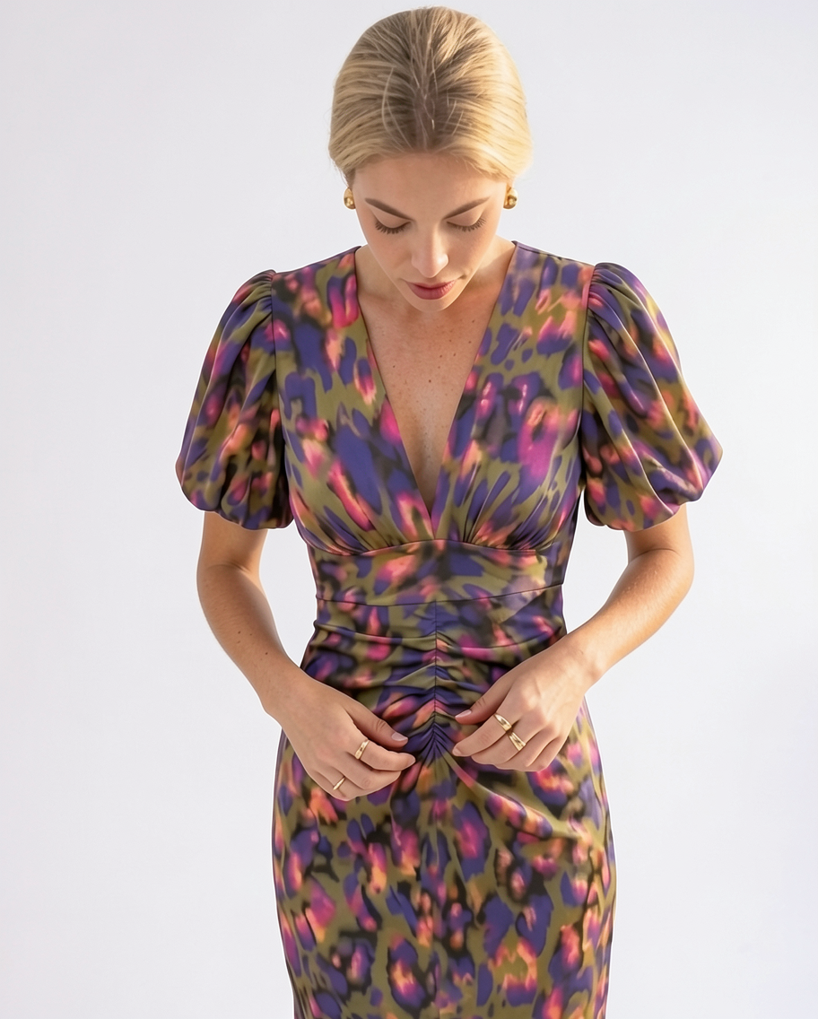 V-Neck Puff Sleeve Sculptural Stretch Sateen Midi Dress
