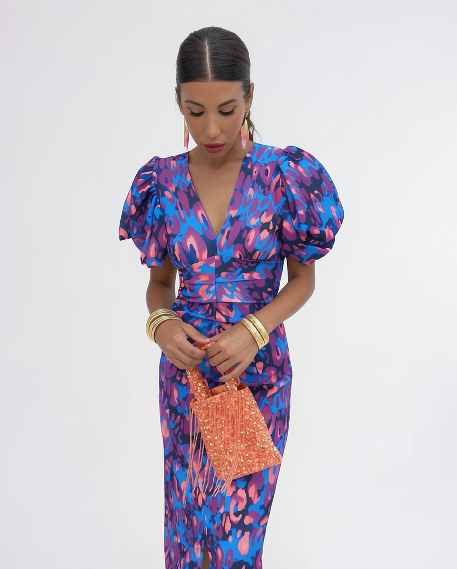 V-Neck Puff Sleeve Sculptural Stretch Sateen Midi Dress