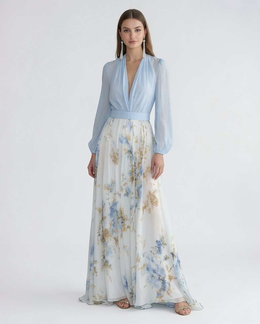 V-Neck Surplice Chiffon Formal Evening Maxi Dress