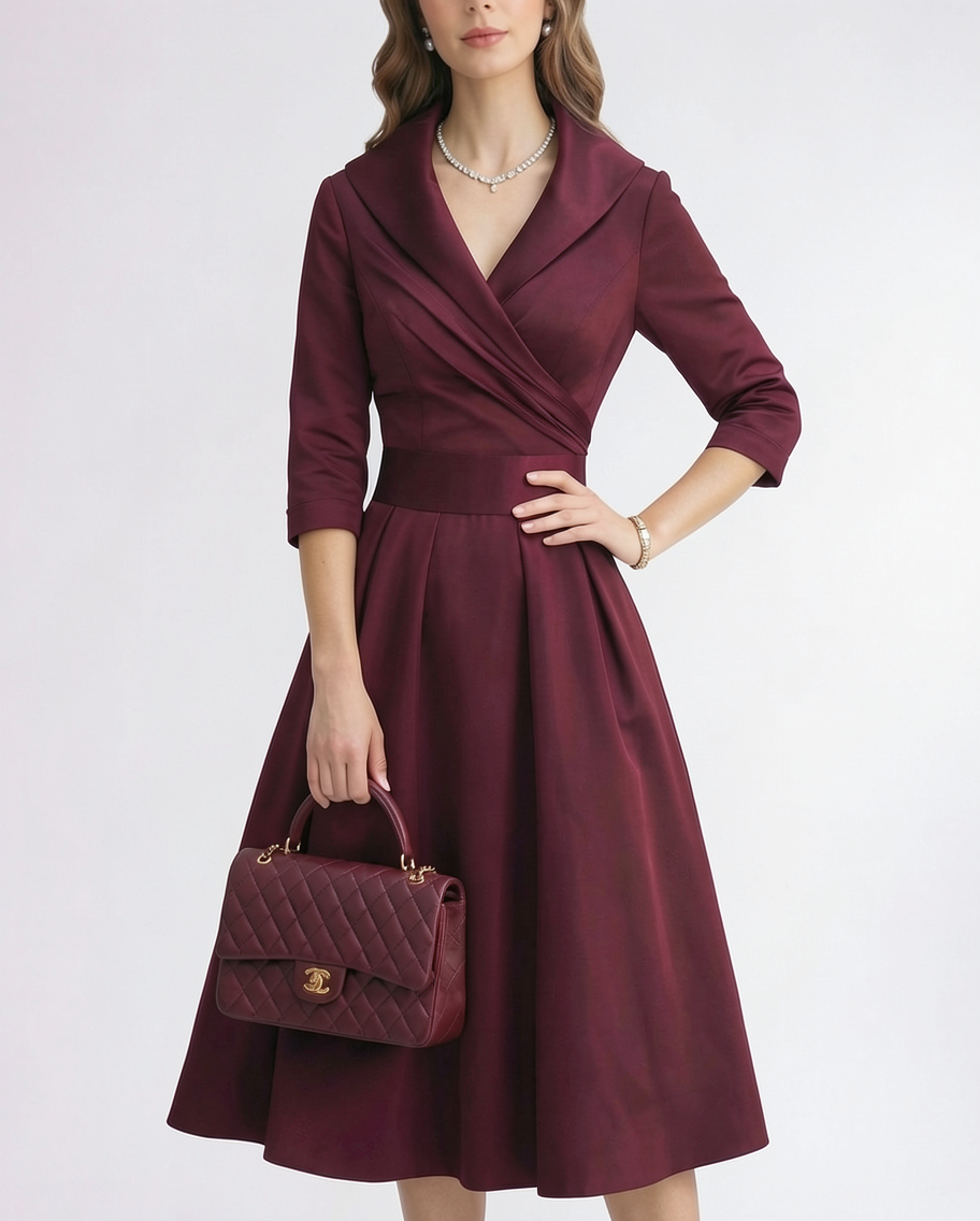Wrap Shawl Collar Matte Satin A-Line Evening Midi Dress