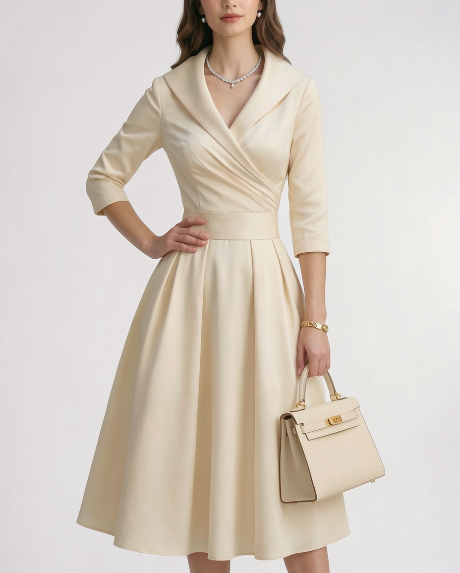 Wrap Shawl Collar Matte Satin A-Line Evening Midi Dress