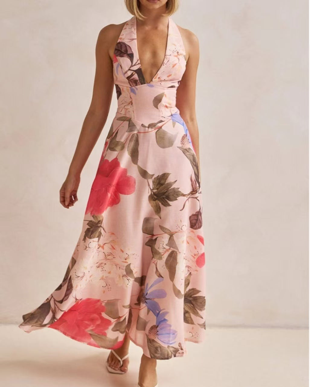 Floral V-Neck Backless Maxi Dress