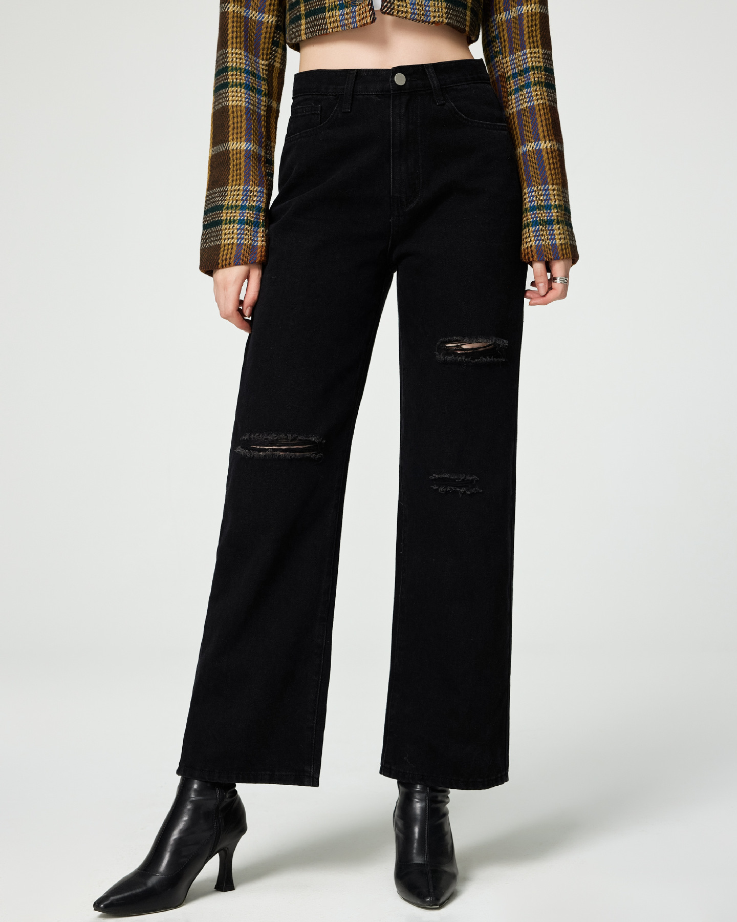 High-Waisted Distressed Wide-Leg Denim Jeans with Relaxed Fit