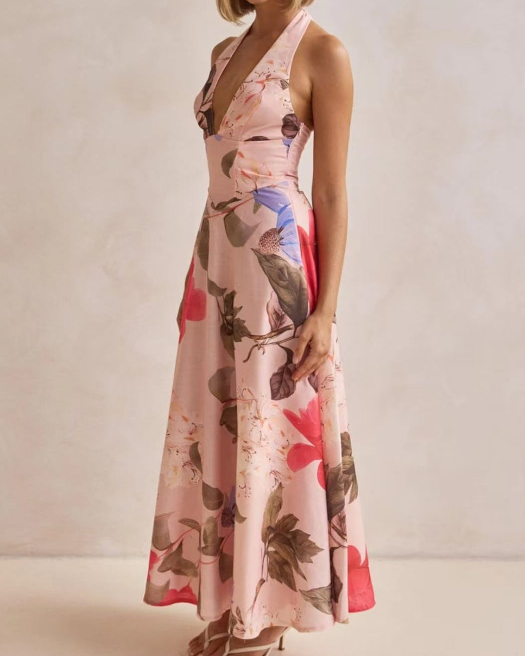 Floral V-Neck Backless Maxi Dress