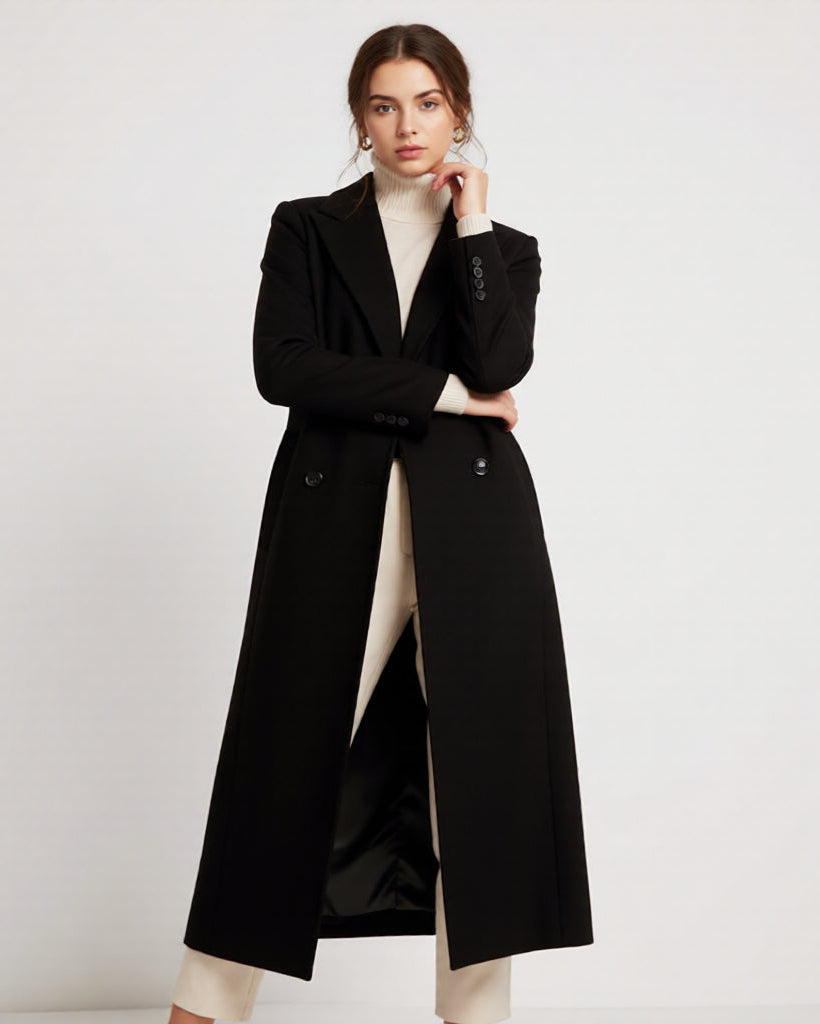 Elegant Longline Black Womens Coat for All-Season Style
