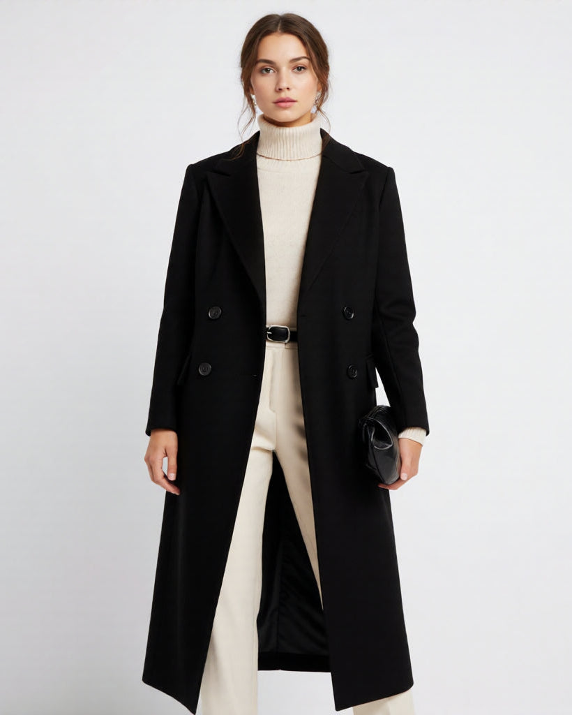 Elegant Longline Black Womens Coat for All-Season Style