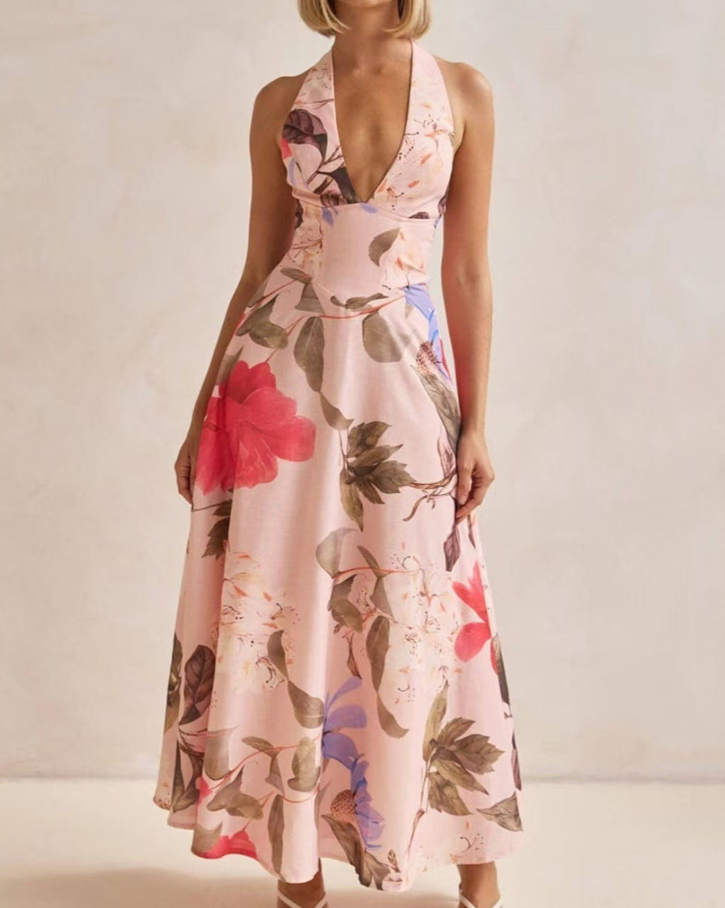 Floral V-Neck Backless Maxi Dress