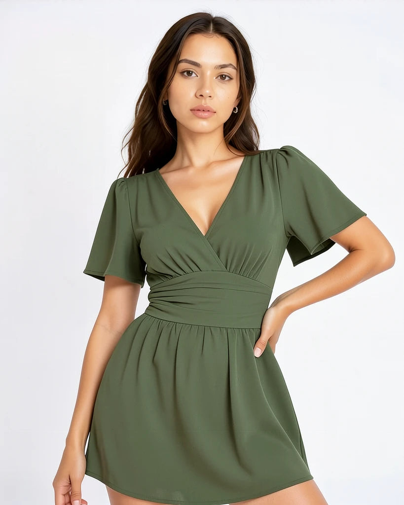Elegant Gathered Waist Dress with V-Neckline