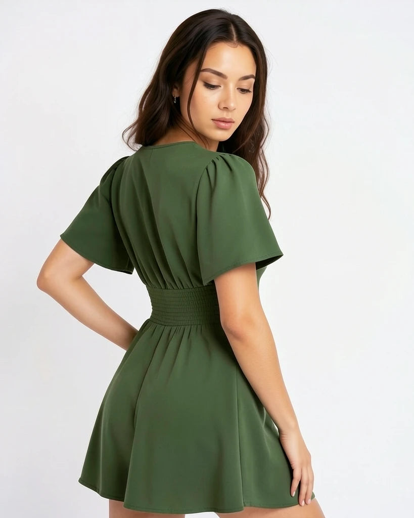 Elegant Gathered Waist Dress with V-Neckline