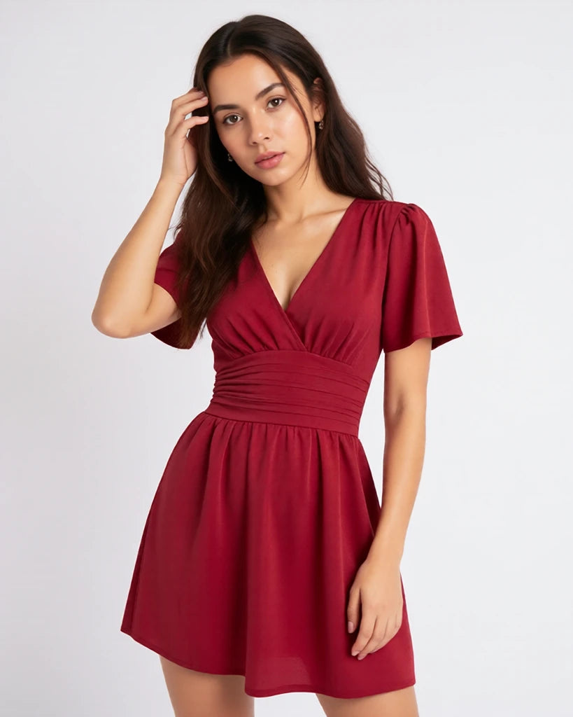 Elegant Gathered Waist Dress with V-Neckline