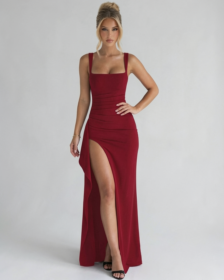 Square Neck Sculptural Stretch Crepe Formal Evening Maxi Dress