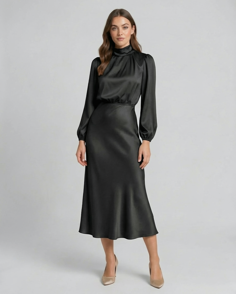 Blouson Fit Elastic Waist Silk Satin Formal Midi Dress