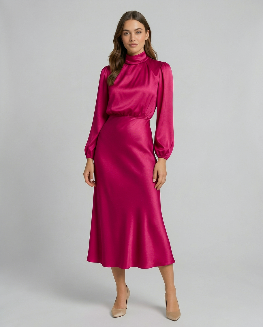 Blouson Fit Elastic Waist Silk Satin Formal Midi Dress