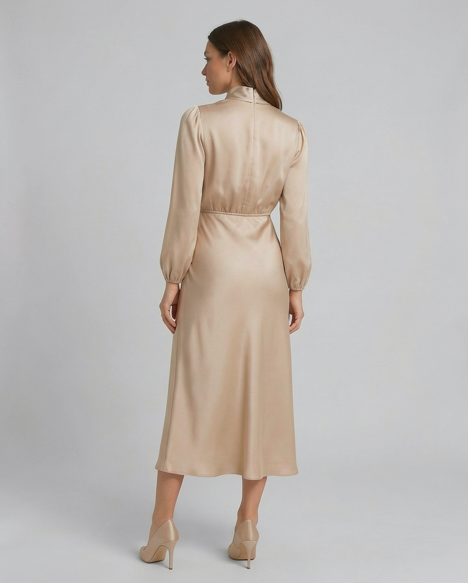 Blouson Fit Elastic Waist Silk Satin Formal Midi Dress