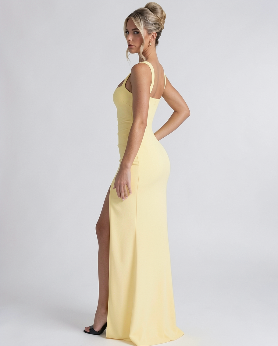 Square Neck Sculptural Stretch Crepe Formal Evening Maxi Dress