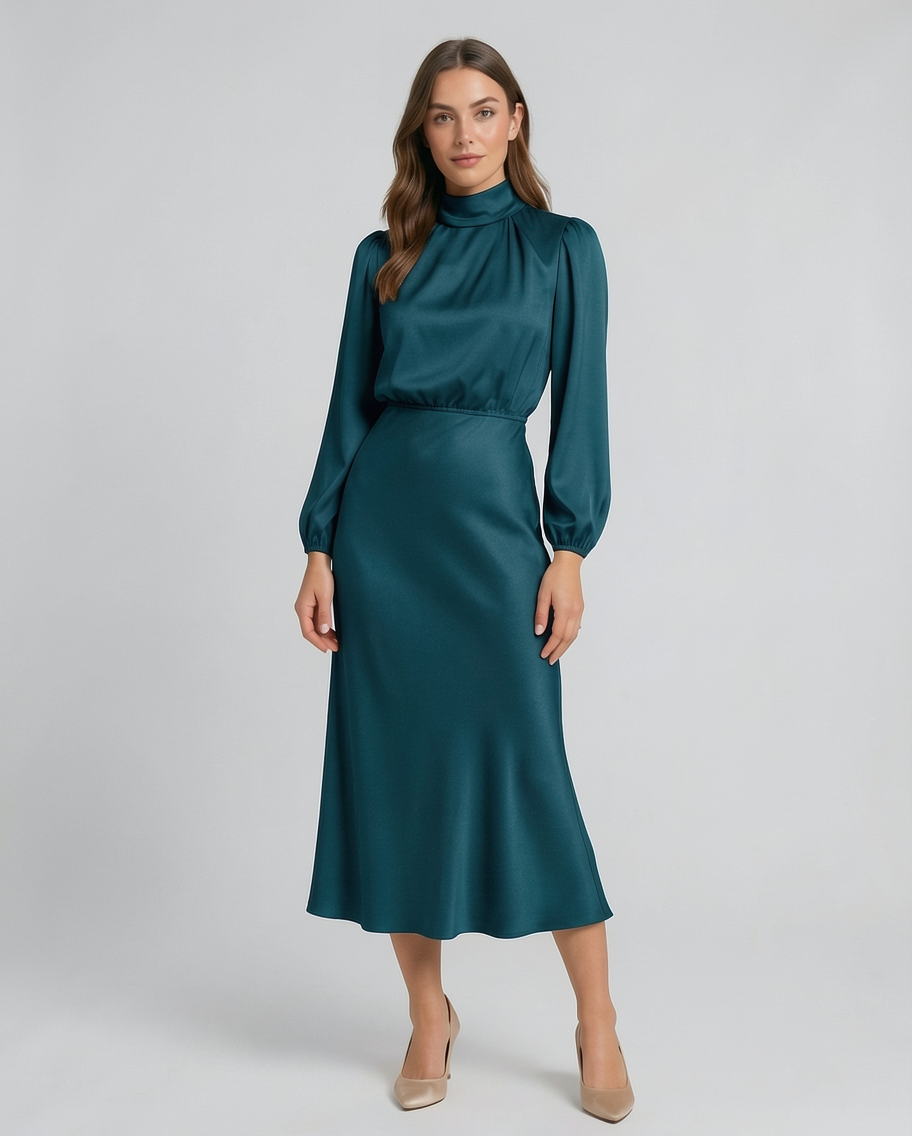 Blouson Fit Elastic Waist Silk Satin Formal Midi Dress